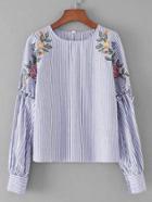 Shein Embroidered Flower Lace Up Striped Blouse