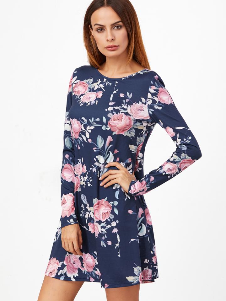 Shein Navy Floral Print Long Sleeve Swing Dress