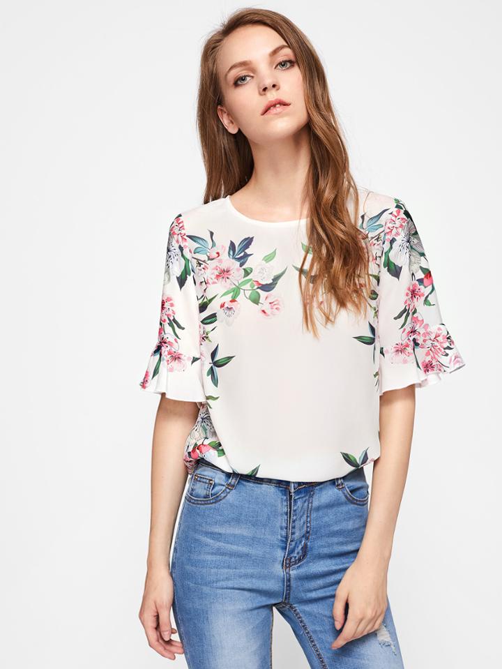Shein Trumpet Sleeve Keyhole Back Botanical Blouse