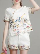 Shein White Birds Embroidered Top With Shorts