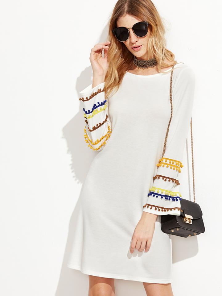Shein White Pom Pom Sleeve Shift Dress