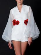 Shein White V Neck Applique Puff Sleeve Jumpsuit