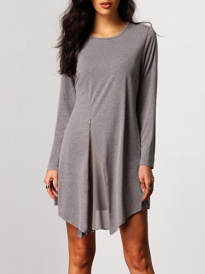 Shein Grey Crew Neck Dip Hem Loose Dress