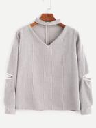 Shein Grey Cut Out Choker Neck Zipper Corduroy Sweatshirt