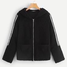 Shein Pocket Front Striped Sleeve Teddy Jacket