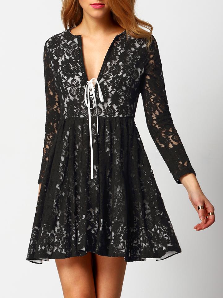 Shein Black V Neck Lace Up Slim Dress