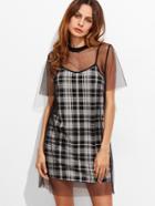 Shein Black And White Plaid Cami Dress With Cover Up Mesh Dress