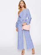 Shein Asymmetric Shoulder Bow Waist Gathered Sleeve Jumpsuit