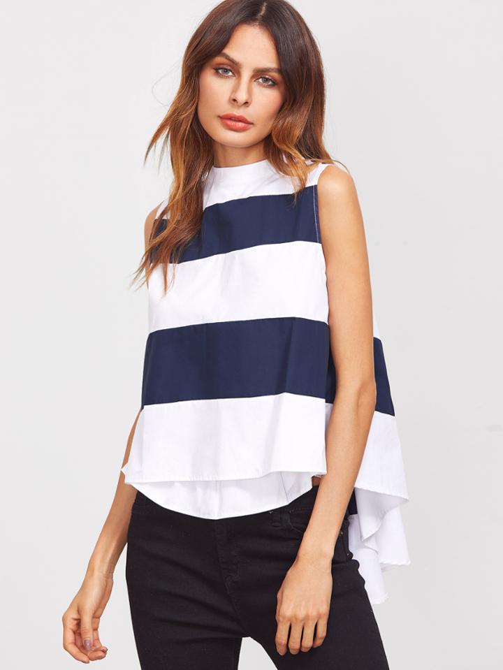 Shein Contrast Striped Zipper Back Dip Hem Sleeveless Top