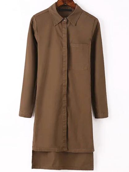 Shein Dip Hem Brown Shirt Dress With Pocket