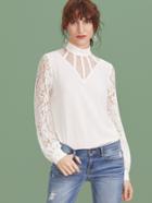Shein White Strappy Mesh Neck Floral Lace Sleeve Blouse
