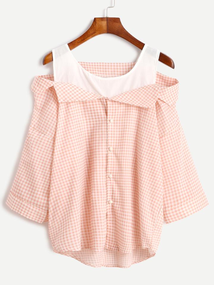 Shein Gingham Contrast Open Shoulder Button Front Top