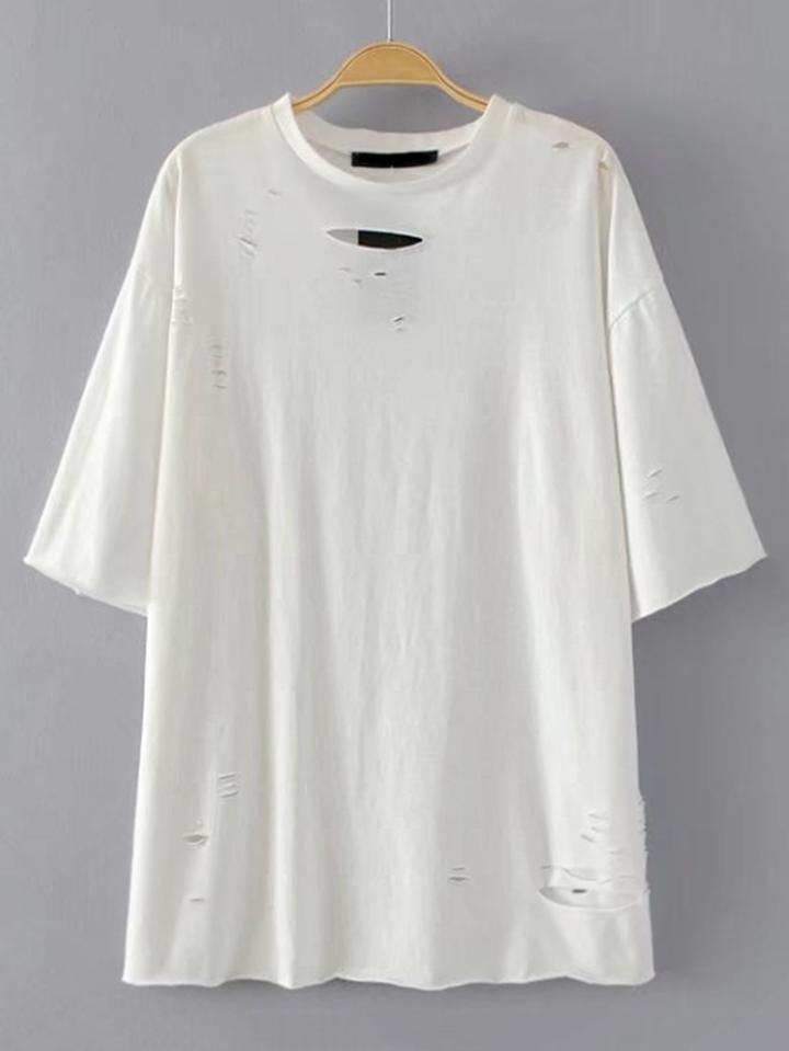 Shein Drop Shoulder Seam Ripped Detail Tee