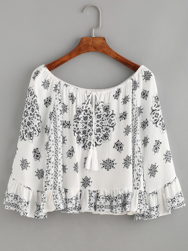 Shein White Floral Print Boat Neck Ruffle Blouse