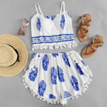 Shein Tassel Hem Shirred Back Cami Top With Shorts