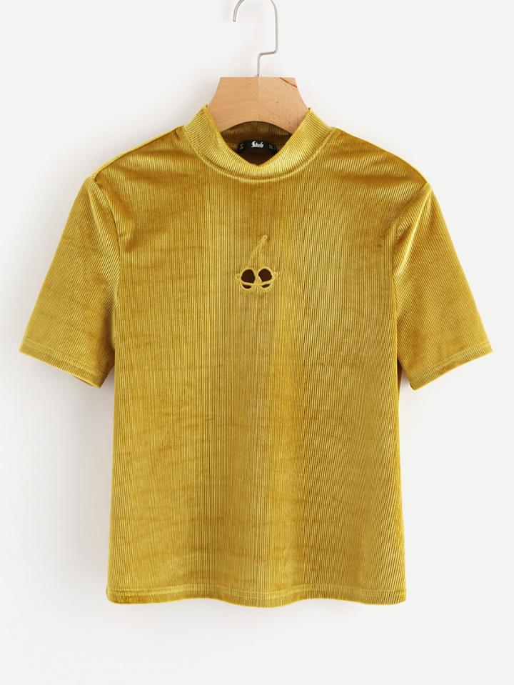 Shein Cut Out Embroidered Front Striped Velvet Tee