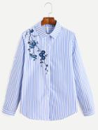 Shein Blue Vertical Striped Embroidered Roll Tab Sleeve Shirt