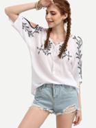 Shein White Tie Neck Slit Sleeve Embroidered Blouse