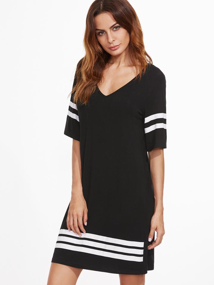 Shein Black V Neck Striped Trim Tee Dress