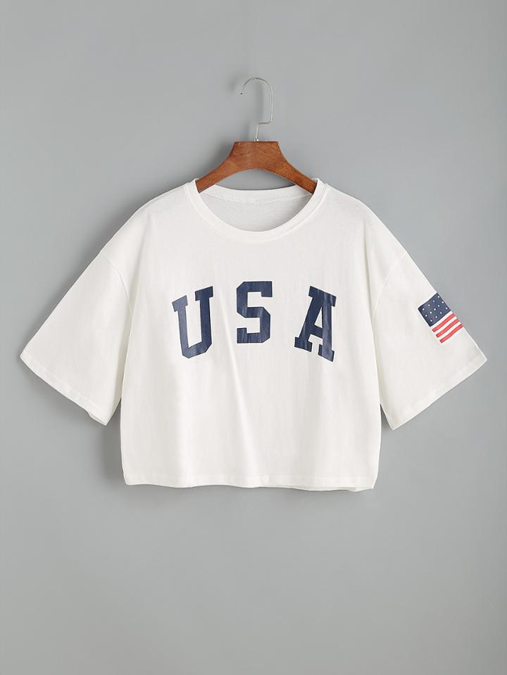 Shein Usa Flag Print Drop Shoulder Crop Tee