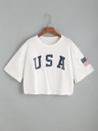 Shein Usa Flag Print Drop Shoulder Crop Tee