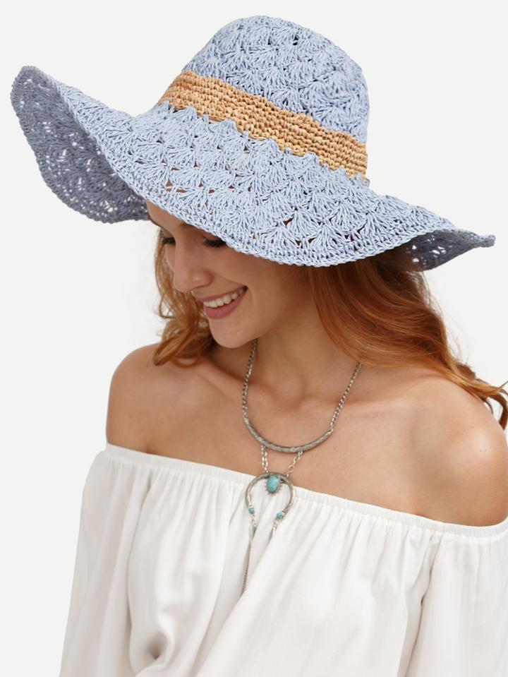 Shein Blue Vacation Crochet Large Brimmed Straw Hat