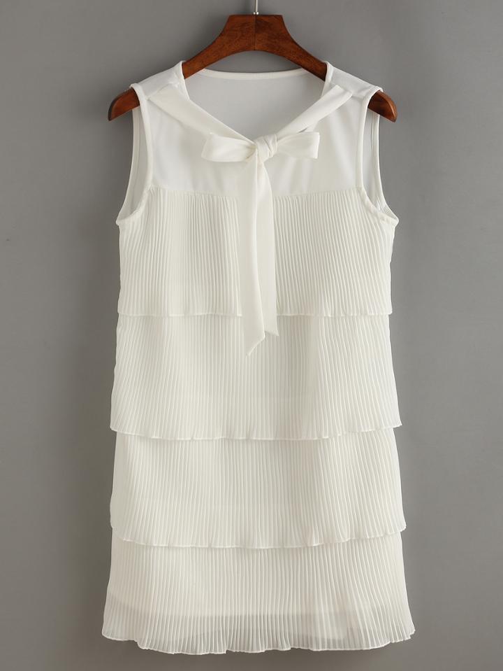 Shein White Tie Neck Pleated Layers Dress