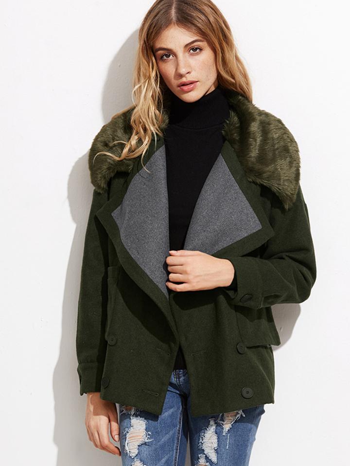 Shein Contrast Faux Fur Collar Double Breasted Jacket