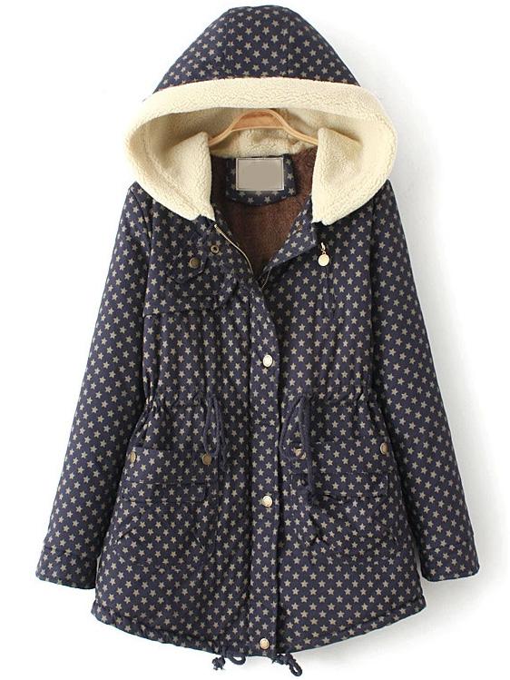 Shein Navy Hooded Long Sleeve Stars Print Coat