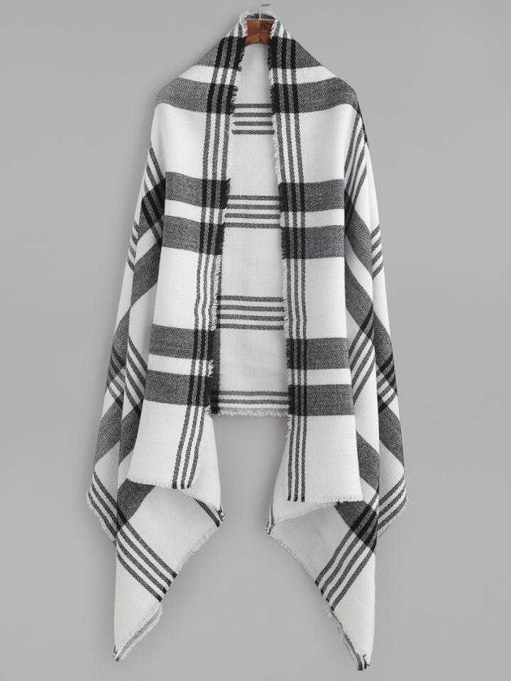 Shein Black And White Plaid Raw Edge Shawl Scarf