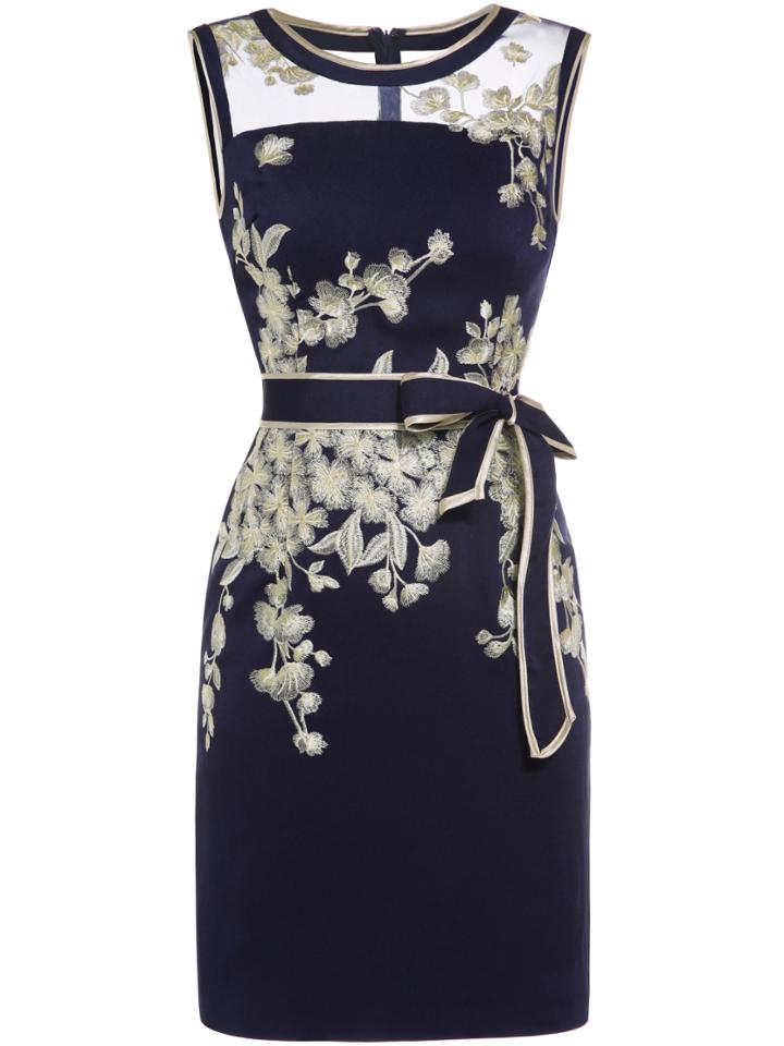 Shein Navy Sheer Embroidered Tie-waist Sheath Dress