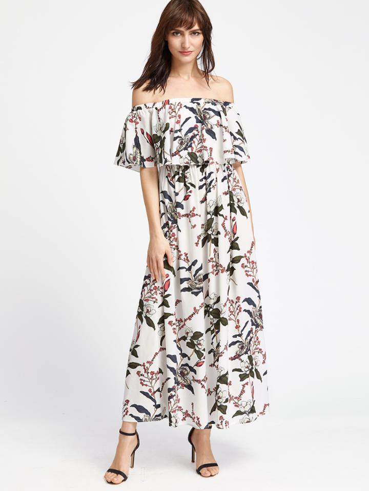 Shein White Botanical Print Ruffle Off The Shoulder Dress