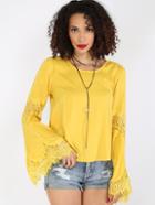 Shein Yelllow Long Bell Sleeve Lace Patchwork Blouse