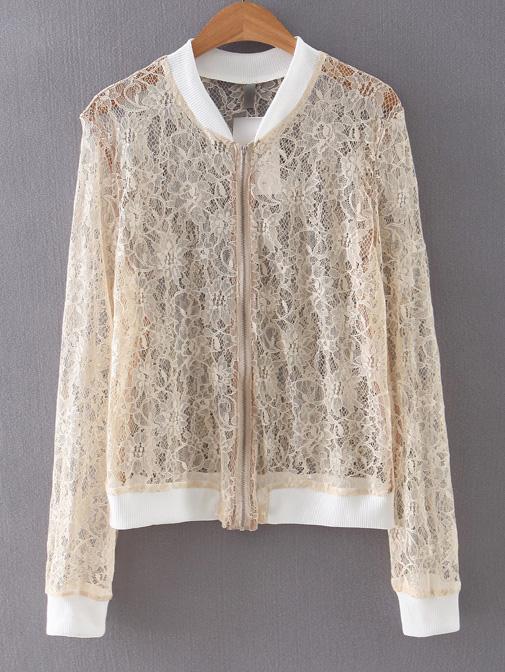 Shein Apricot Rib-knit Cuff Lace Jacket