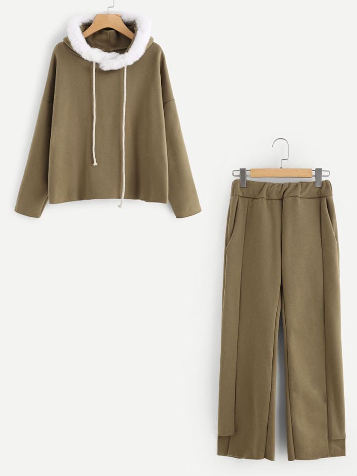 Shein Faux Fur Trimmed Hoodie And Pants