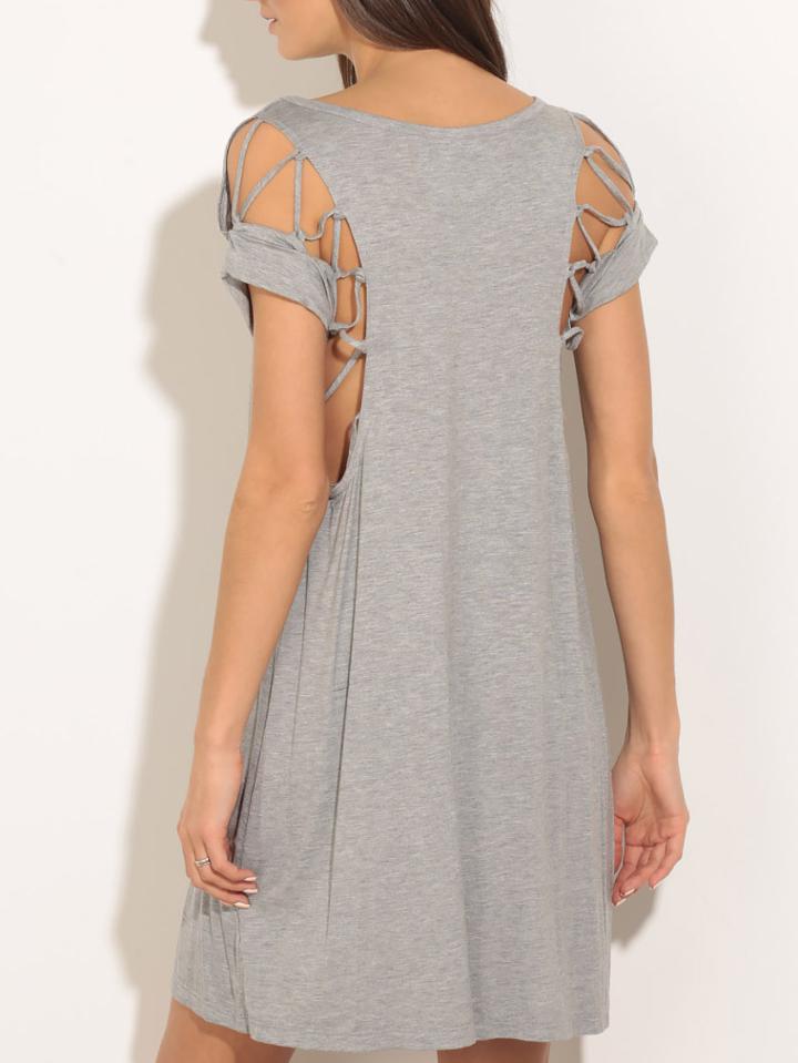 Shein Grey Round Neck Lace Up Yoke Casual Dress