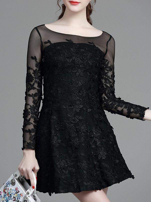 Shein Black Sheer Gauze Embroidered A-line Dress