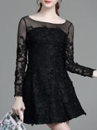 Shein Black Sheer Gauze Embroidered A-line Dress