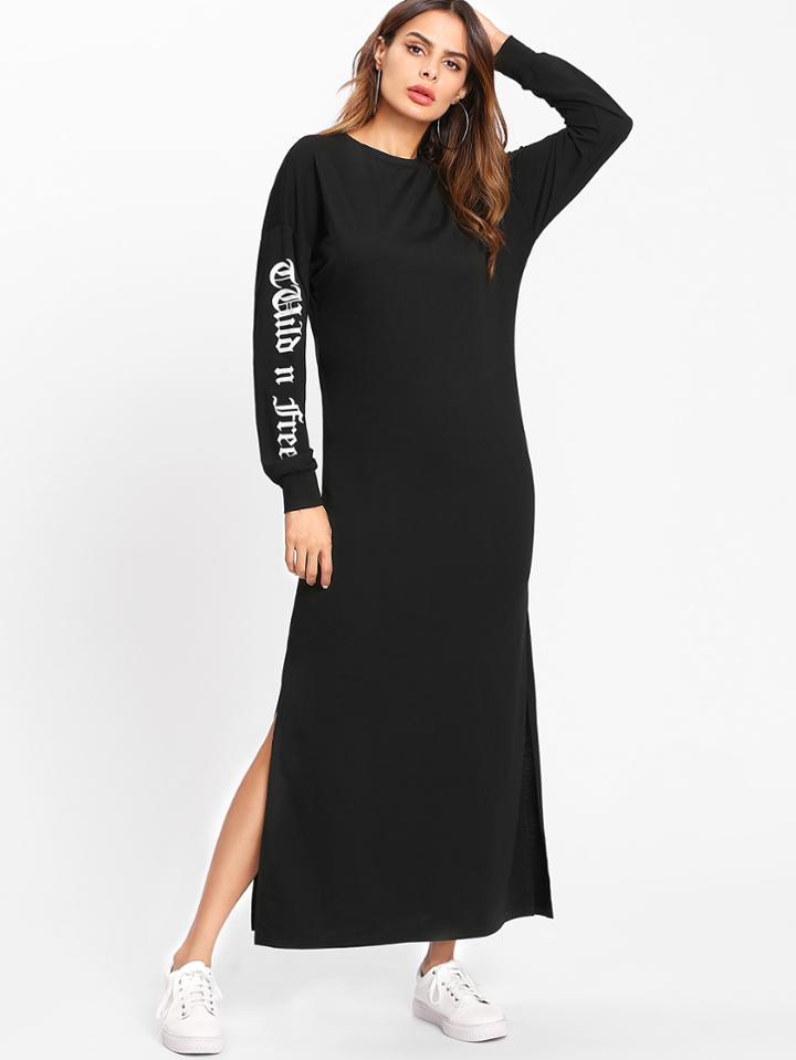 Shein Letter Print Sleeve Split Side Dress