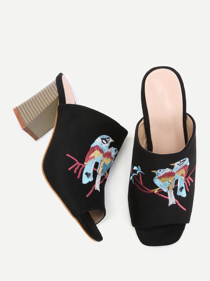 Shein Double Bird Embroidery Velvet Sandals