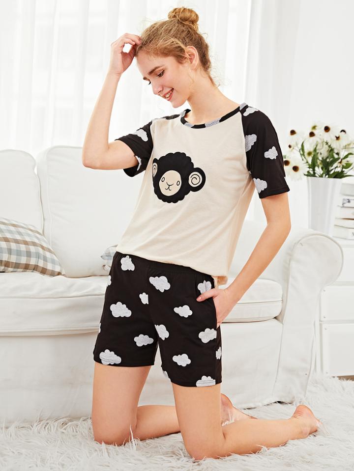 Shein Sheep Embroidered Tee & Shorts Pj Set