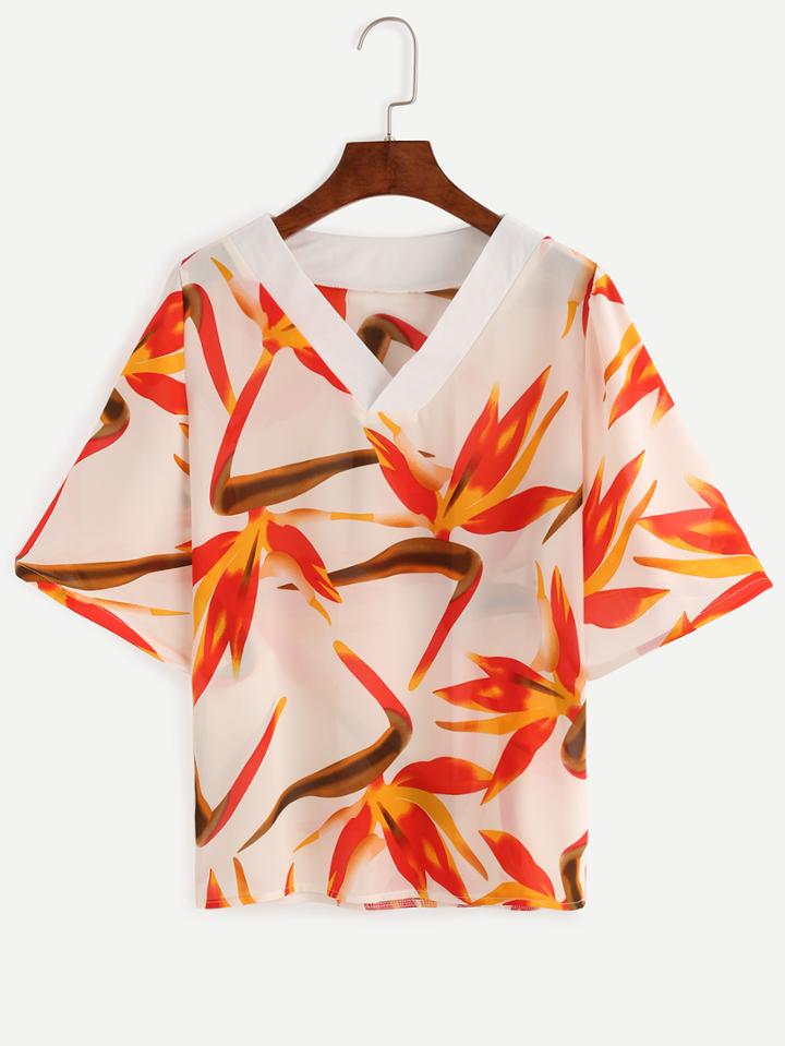 Shein Multicolor Flower Print V Neck Chiffon Blouse