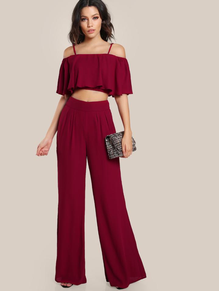 Shein Crop Flounce Top And Box Pleated Palazzo Pants Set