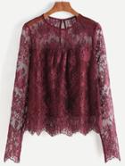 Shein Burgundy Sheer Embroidered Lace Keyhole Back Top