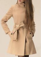 Rosewe Trendy Belt Design Zipper Closure Khaki Woolen Coat