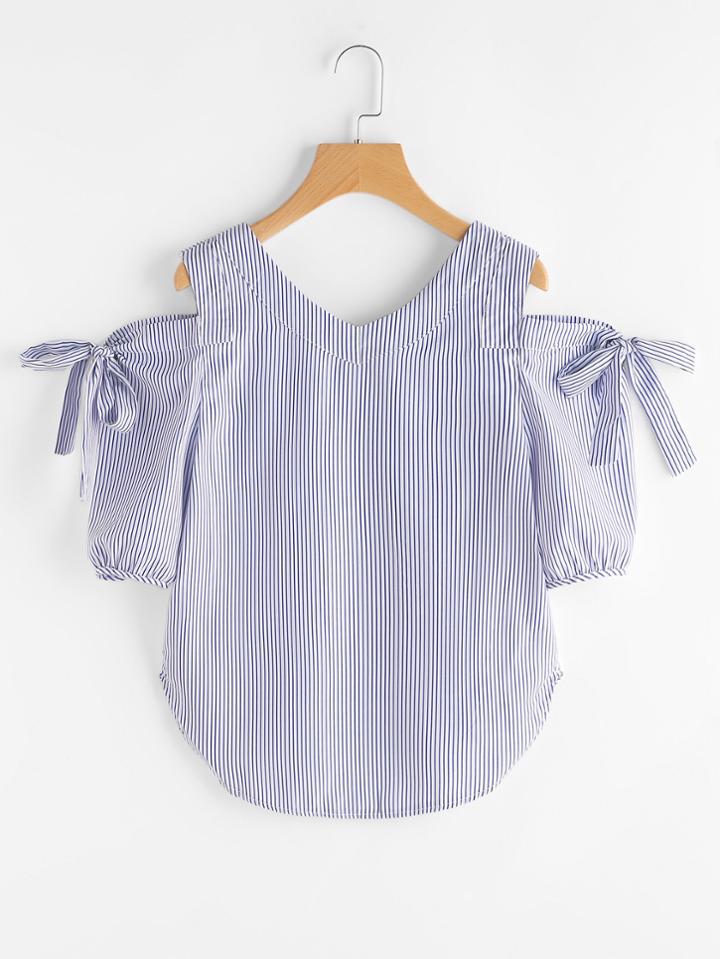 Shein V Neckline Pinstripe Bow Tie Dip Hem Top