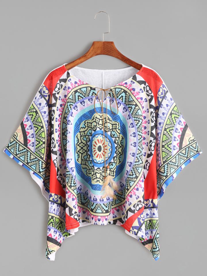 Shein Vintage Print Dolman Sleeve Tie Neck T-shirt