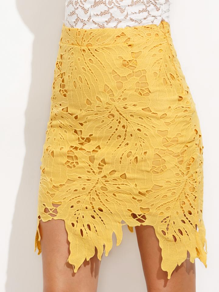 Shein Yellow Asymmetric Hem Crochet Overlay Skirt