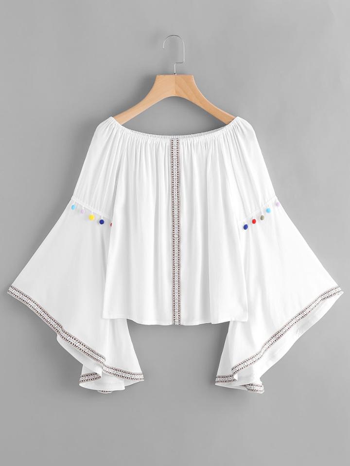 Shein Embroidered Tape Detail Flare Sleeve Pom Pom Top