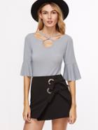 Shein Grey Crisscross Keyhole Neck Bell Sleeve Top